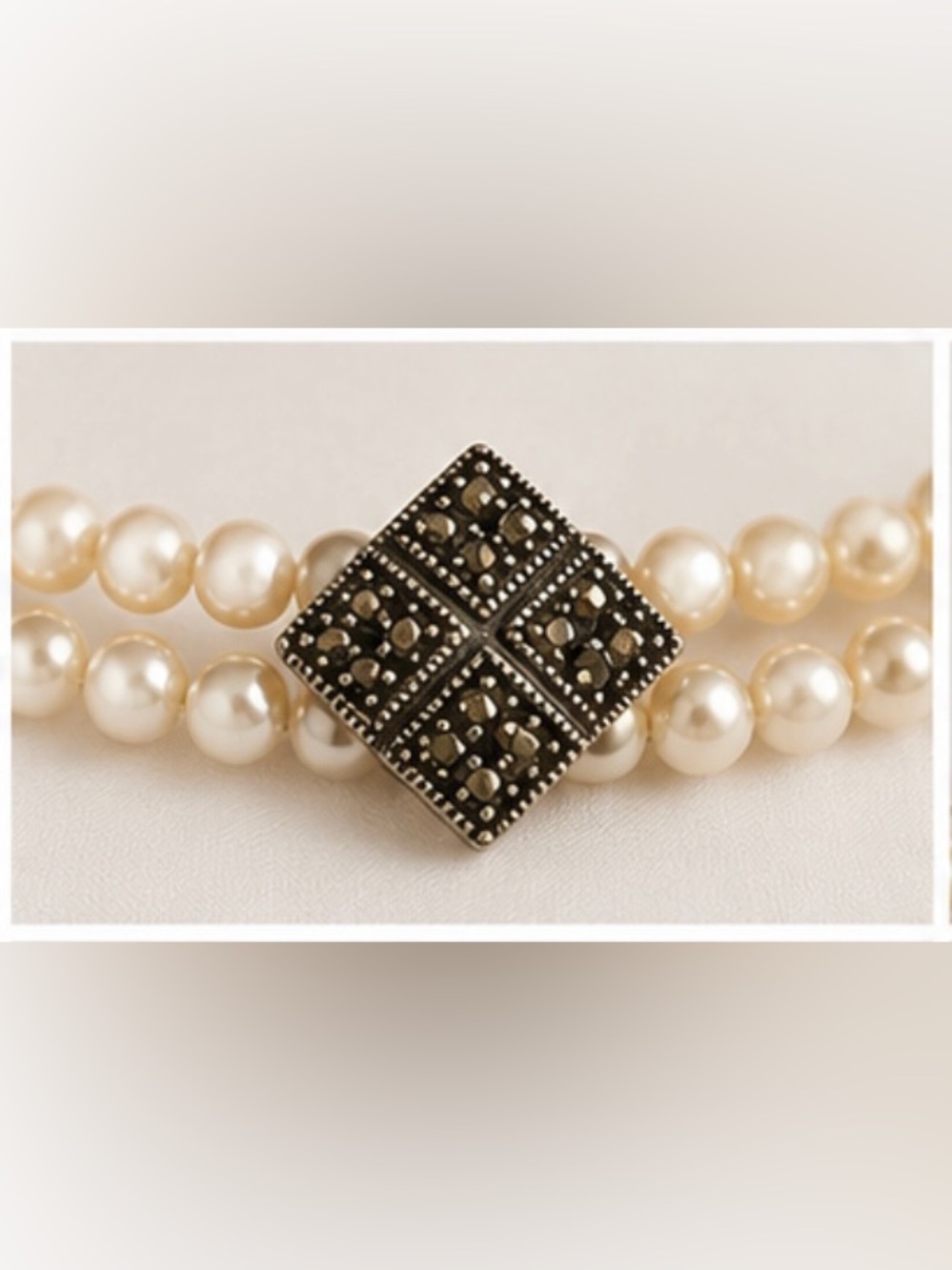 Vintage Double Strand Faux Pearl Choker Necklace with Marcasite Stations - Picture 2 of 4